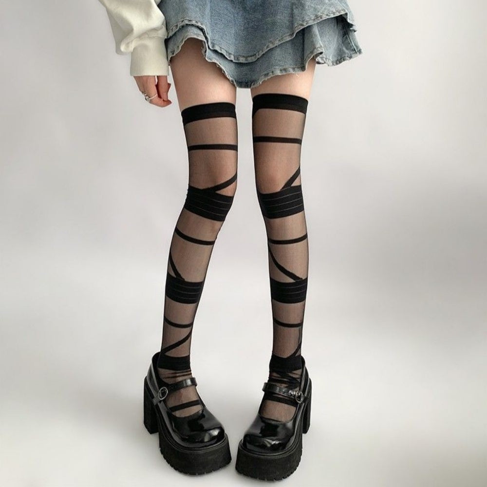 CHAUSSETTES MONTANTES RAYEES PUNK NOIR