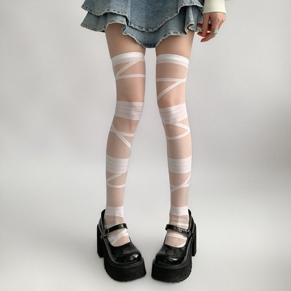 CHAUSSETTES MONTANTES RAYEES PUNK BLANC