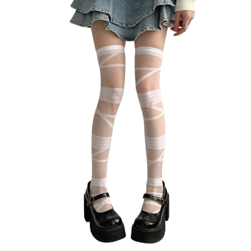 CHAUSSETTES MONTANTES RAYEES PUNK BLANC