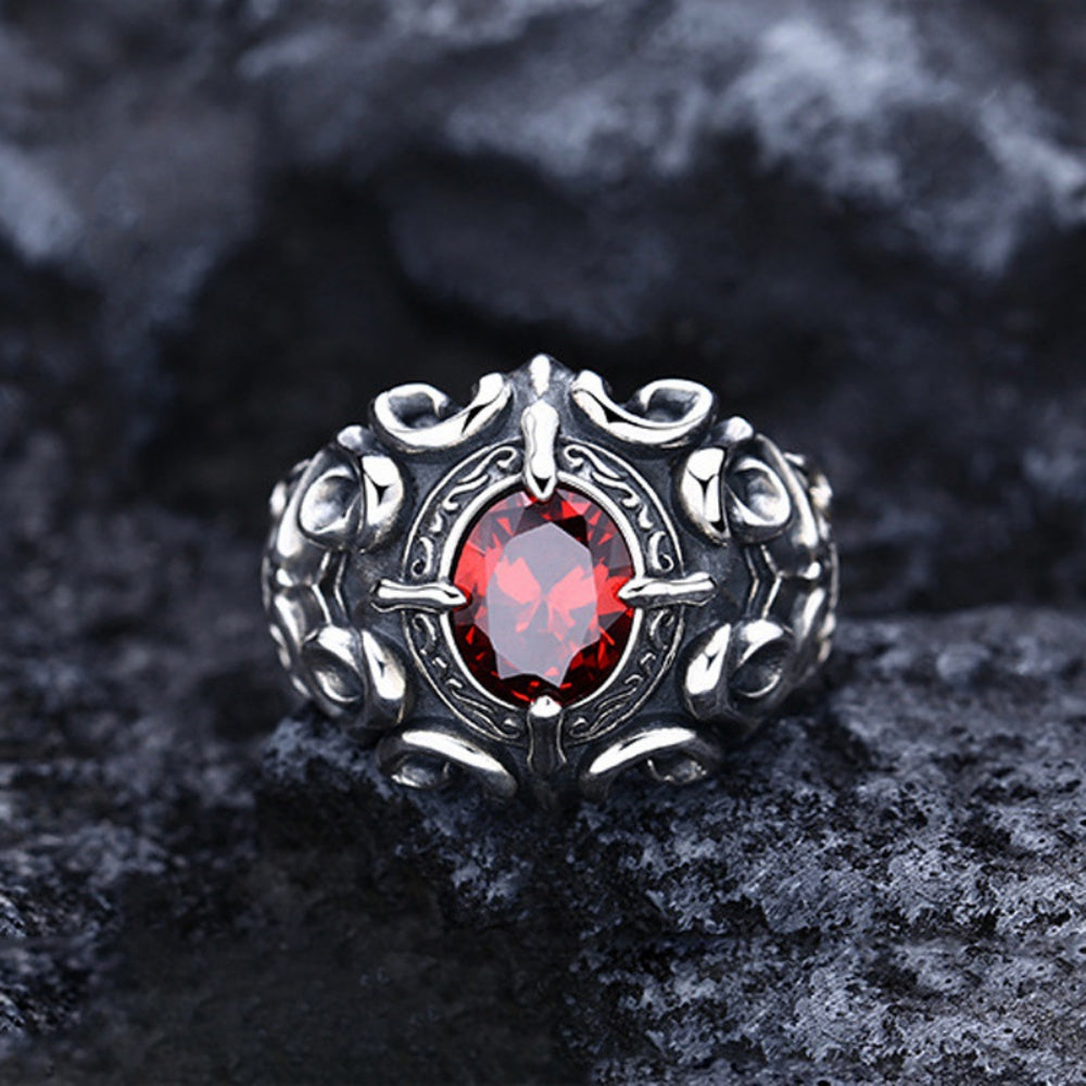 BAGUE RÉTRO PIERRE ROUGE EN ARGENT 925