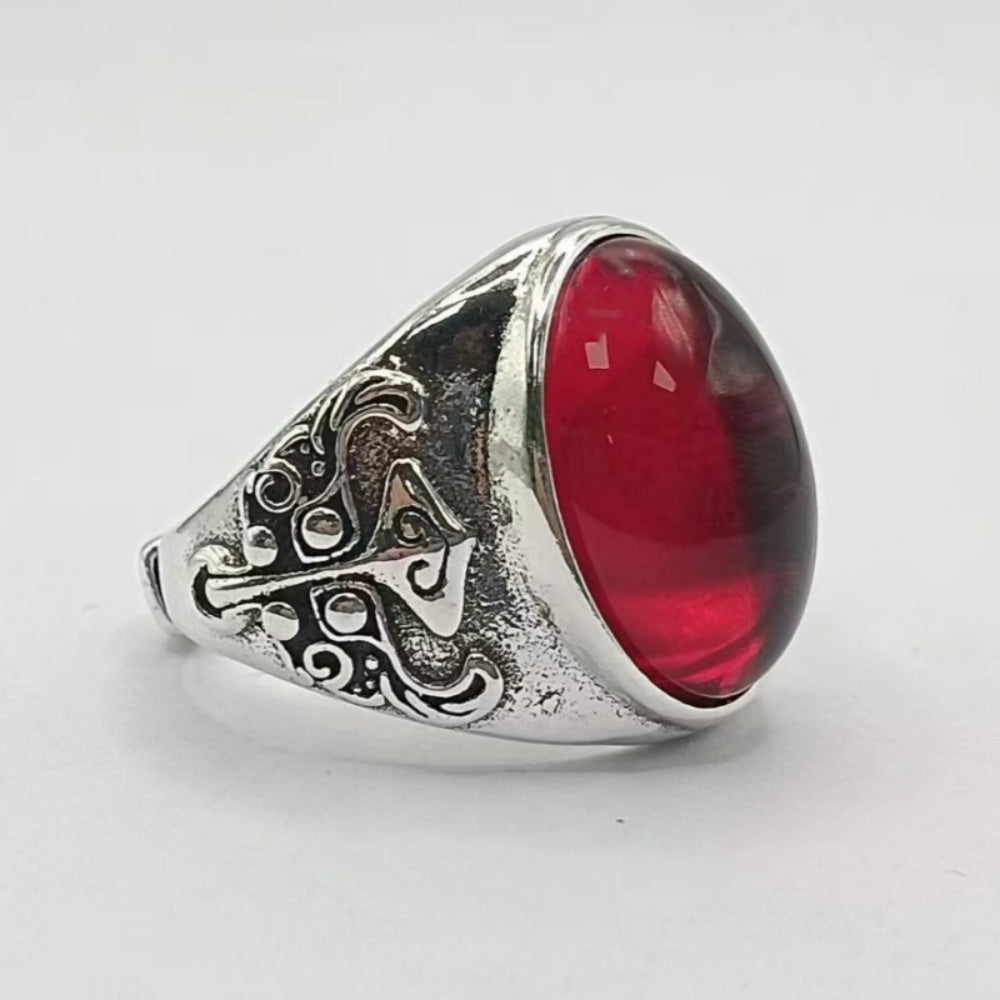 BAGUE VINTAGE SCULPTE STYLE MAYA PIERRE ROUGE GRENAT